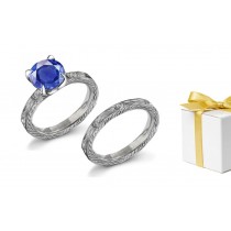 Botanical Rich: Fine Deep Blue Sapphire With Diamond White Gold Ring & Gold Band with Floral Scrolls & Motifs on Sides