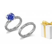 September Birthstones: French Floral Scrolls Fine Deep Deep Blue Sapphire & Diamond Ring in 14k White Gold & Platinum