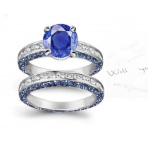 One-of-A-Kind: Blue Velvety Deep Blue Royal Sapphires and With Brilliant White Diamonds Sprinkled Ring and Band