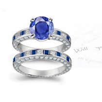 Creative Expressions: Princess Cut Deep Blue Sapphire and Diamond Ring With Fine Royal Sapphires and Band in Gold