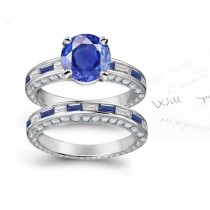 Creative Thinking: Baguette Cut Deep Blue Sapphire and Diamond Ring and Band in Gold & Diamond Sprinkle