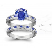 Round Deep Blue Diamond & Sapphire Ring and Sapphire Diamond Band in Gold & Sides Engraved Size 3 to 8