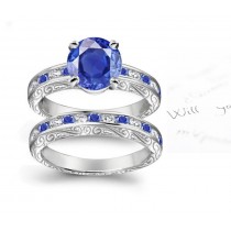 Composition: Round Deep Blue Sapphire & Diamond Ring With Fine Sapphires and Band in Gold & Sides Engraved Size 3-8