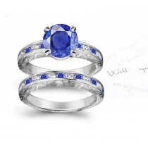 Simply Stylistic: Round Deep Blue Sapphire & Diamond Ring With Fine Sapphires and Band in Gold & Sides Engraved Size 3 – 8