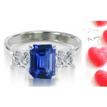 Finest in Paris: Large Top Stone 3 Stone Emerald-Cut Fine Blue Sapphire & Square Cut Side Diamond Ring 14k Gold