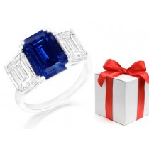 All Gifted With A Touch of Imagination: Emerald Cut Fine Blue Sapphire & Diamond Three Stone 2 Side Stone Ring Size 6