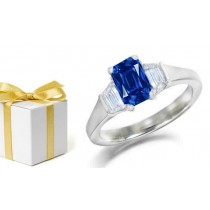 Performed Real Miracles: 3 Stone Emerald Cut Fine Blue Sapphire Ring 2 Side Stones Trapezoid Diamond in 14k White