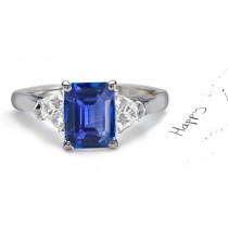 The King's Treasure: Top 3 Stone Emerald Cut Fine Blue Sapphire & Trillion Diamond 2 Side Stones Celestial Ring