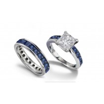 The Traditional Virtues: Princess Cut Diamond atop Princess Cut Diamond Fine Blue Sapphire Ring & Gold Band