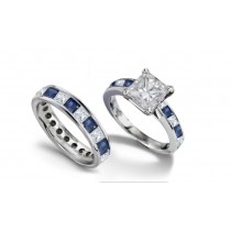 Ecclesiastical Rings: Fit for Princess Cut Diamond atop & Matched Square Fine Blue Sapphire Ring & Band 8k Gold