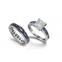 The True Fine Blue Sapphire Classics: Platinum Princess Cut Diamond atop Fine Blue Sapphire Baguette Ring & Band