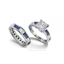 Naturally Beautiful Stones: Gold Princess Cut Diamond atop Baguette Fine Blue Sapphire Diamonds Gold Ring & Band