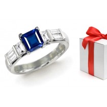 Specially Cut & Perfectly Matched: Treasured Square Fine Blue Sapphire & Baguette Diamond Anniversary Ring