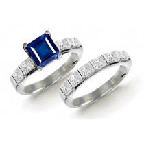 Perfectly Matched Side Stones Heirloom 5 Stone Princess Cut Diamond Fine Blue Sapphire Ring and Diamonds Gold & Platinum