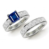 Perfect Looking Sapphire Rings: 7 Stone Princess Cut Diamond & Sapphire Ring & Matching Diamonds Gold Band