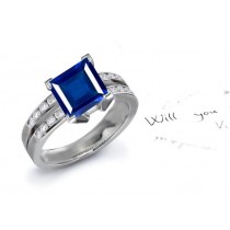 Beautiful Rich Blue Color: Split Shank Specially Cut & Matched Square Fine Blue Sapphire & Round Diamond 14k Gold Ring