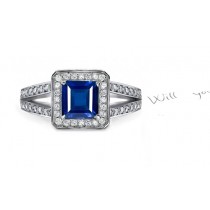 Sparkling From Within: Art Deco Style Princess Cut Fine Blue Sapphire in Square Metal Frame, Diamonds Shoulders