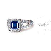 Greatly Appreciated: Art Deco Style Princess Cut Fine Blue Sapphire in Square Metal Frame, Diamonds Shoulders