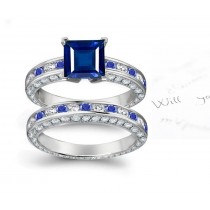 The Most Unique: Fantatic Square Fine Blue Sapphire atop Channel Set Round Sapphires & Diamonds Set in Ring & Band