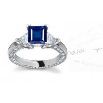 Blazing Fine Blue Sapphires: Musical 3 Stone Square Sapphire & Trillion Diamond Ring with Diamonds Sprinkled in Front