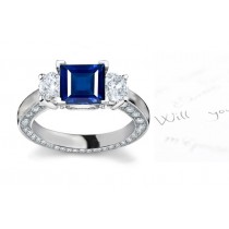 Blue of Autumn Sky: 3 Stone Square Fine Blue Sapphire Round Diamond Autumn Ring with Diamond Sprinkled in Front