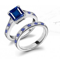Perfectly Matched: Fashioned Princess Cut Fine Blue Sapphire atop Fine Blue Sapphire Diamond Channel Set Ring & Wedd Band