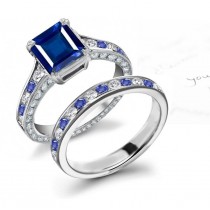 More Dark Blue & Luminous: Princess Cut Fine Blue Sapphire atop Fine Blue Sapphire Jade & Diamond Channel Ring & Band