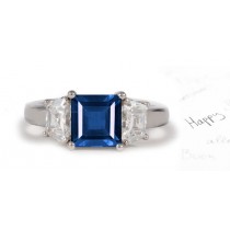 Rich Composition: Features 3 Stone Large Square Rare Fine Blue Sapphire & Shield Diamond Wedding Ring in Size 3 to 8