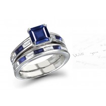 Creative Composition Pieces Features Square Cut Matched Sapphire Baguette Diamond & Fine Blue Sapphire Ring & Band