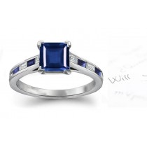 Great Favorites: Specially Cut Square Fine Blue Sapphire atop Baguette Diamond & Fine Blue Sapphire Ring & Band