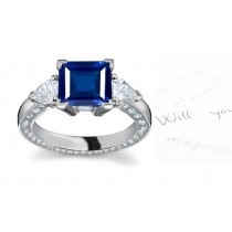 Specially Cut: Rich 3 Stone Square Fine Blue Sapphire & Trillion Diamond Winter Ring with Diamond Sprinkled in Front