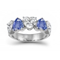 Most Vivid & Intense: 5 Stone Heart Shaped Rare Fine Rich Deep Blue Sapphire Gemstone & Pure White Diamond Ring