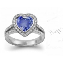 The Sacred Character: ART DECO Heart Blue Fine Blue Sapphire & Diamond Halo Ring with Split Shank Ring in Silver