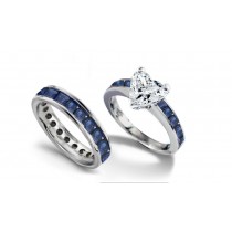 For Royal Uses: Best & Legend Heart Diamond atop Square Fine Blue Sapphire Ring & Square Fine Blue Sapphire Band in Silver