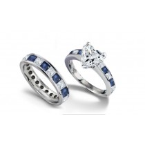 Pure Sky Blue Color: Popular Heart Shape Diamond atop Princess Cut Diamond & Fine Blue Sapphire Ring & Band