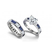 Saphire Merveilleux: Popular Heart Diamond atop Baguette Diamond Sapphire Ring & Fine Blue Sapphire Band in 18k Gold