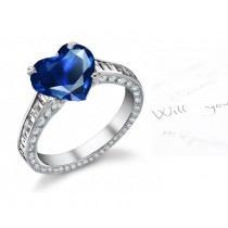 Heart Blue Sapphire & Baguette Diamond Ring With Diamonds Sprinkle Sides, Gold, Silver