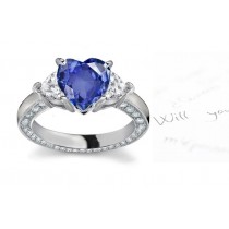 3 Stone Popular Heart Shape Fine Blue Sapphire & Heart Diamond Ring with Diamonds