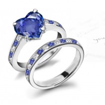 Heart Shape Fine Blue Sapphire atop Round Diamond & Sapphire Ring & Matching Wedding Ring