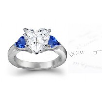 Specially Cut: 3 Stone Pears Fine Blue Sapphire & Heart Shape Diamond 14k Sun Kissed Yellow & Moon Lit White Gold