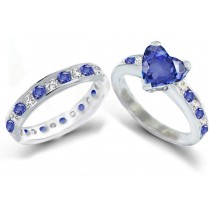 Past, Present & Future: Heart Shaped Fine Blue Sapphire atop Fine Blue Sapphire & Diamond Ring & Matching Band Size 8