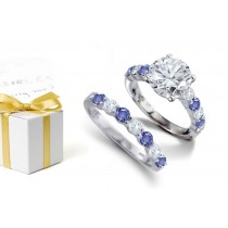 Blue Celestial Beauty: Deep Blue: Round Diamond atop Round Blue Sapphires & Diamonds & Platinum Ring & Sapphire Diamond Band