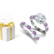 Purple Clouds in Sky: Round Cut Diamond atop Round Purple Sapphires & Purely Sparkling Diamonds & Engagement Ring, Sapphire Diamond Band