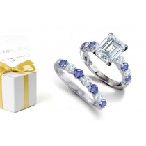 September Birthstone Ring: Emerald Cut Diamond atop Round Blue Sapphire & Diamond & Gemstones Ring & Sapphire Diamond Charming Band