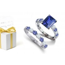 Fine Blue Sapphire: Emerald Cut Sapphire atop Round Blue Sapphire & Diamond & Engagement Ring & Sapphire Diamond Birthstone Band