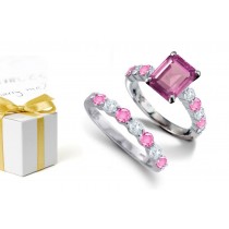 The Other Rare Rare Deep Pink Sapphires: Finest Emerald Cut Sapphire atop Round Rare Deep Pink Sword Sapphires & Diamonds & Engagement Ring & Sapphire Diamond Gold Band