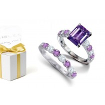 Peculiar Violet Light & Hues: Emerald Cut Sapphire atop Round Purple Sapphires & Diamonds & Engagement Ring & Sapphire Diamond Silver or Platinum Wire Twining Band