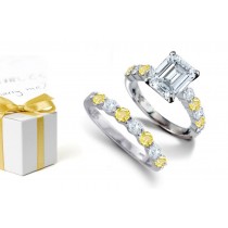 Rich-Color & Sparkling: Emerald Cut Diamond atop Round Yellow Sapphires & Diamonds & Engagement Gemstone Ring & Phenomenal Sapphire Diamond Smooth Band of White Light