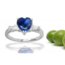 September Birthstone: 3 Stone Blue Fine Blue Sapphire Heart & Tapered Baguette Diamond Ring in Yellow & White Gold