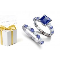 The Oculus Mundi: Princess Cut Sapphire atop Round Blue Sapphires & Diamonds & Engagement Ring & Sapphire Diamond Moonlike White Band